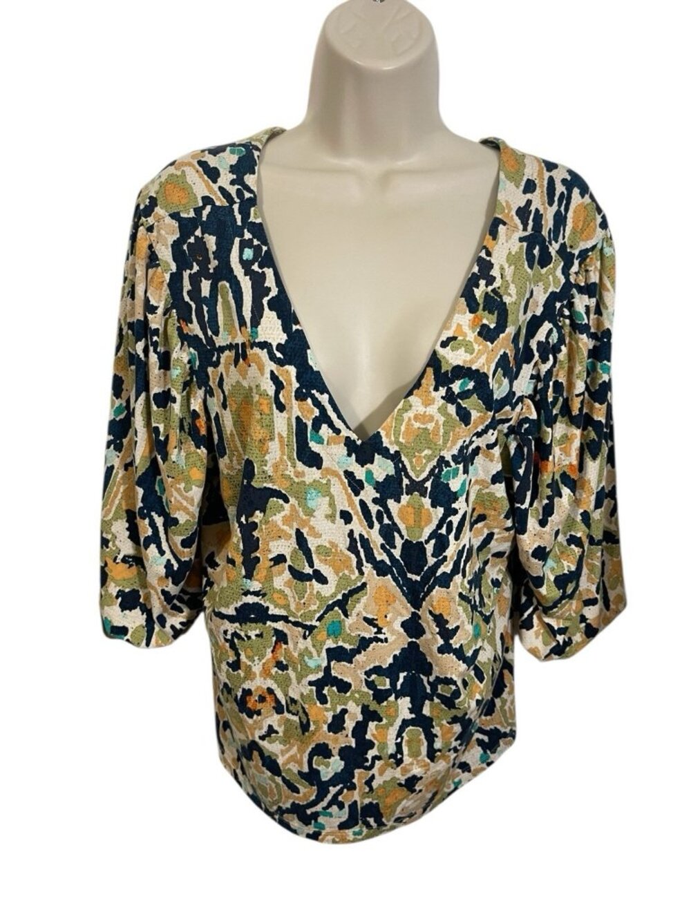 NIC + ZOE Women's Size XL Floral Print Deep V-Neck 3/4 Sleeve Blouse READ DESCRI